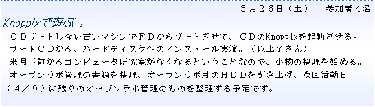 テキスト ボックス: ３月２６日（土）　 参加者４名
Knoppixで遊ぶ 。
ＣＤブートしない古いマシンでＦＤからブートさせて、ＣＤのKnoppixを起動させる。 
ブートＣＤから、ハードディスクへのインストール実演。（以上Ｙさん）
来月下旬からコンピュータ研究室がなくなるということなので、小物の整理を始める。 
オープンラボ管理の書籍を整理、オープンラボ用のＨＤＤを引き上げ、次回活動日（４／９）に残りのオープンラボ管理のものを整理する予定です。
