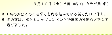 テキスト ボックス: ３月１２日（土）出席10名（内クラブ員1名）
1名の方はこのごろずっと打ち込んでいる凝ったＨＰ作り。
後の方は、ポトショップエレメントで画像の移動などをして遊びました。

